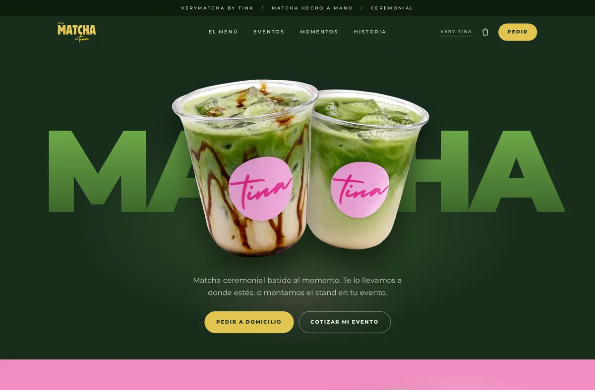 Website de Very Matcha, matcha a domicilio y eventos, desarrollado por Studio Tina